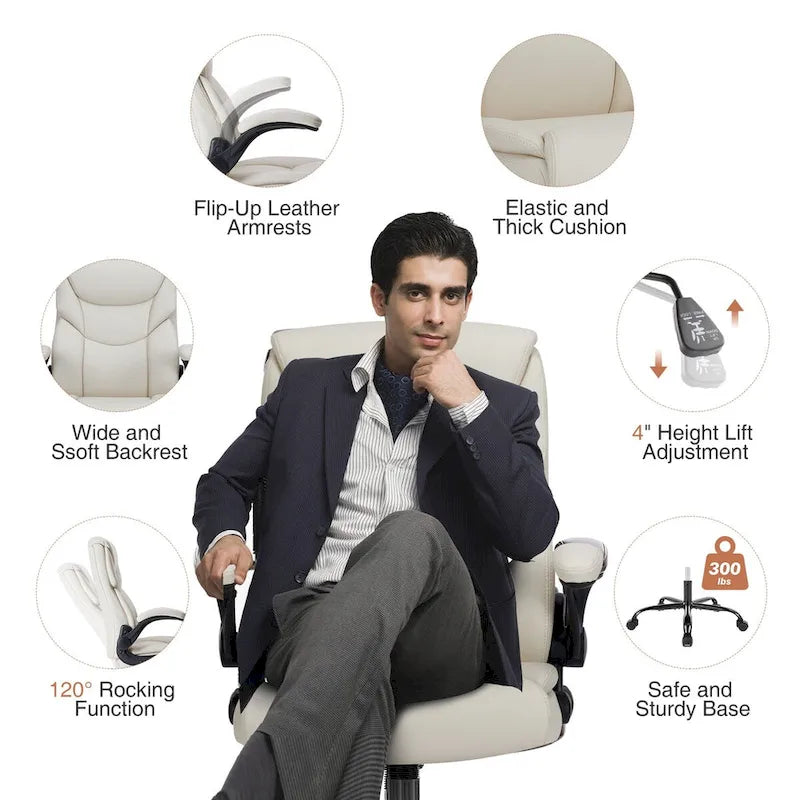 High-Back Bonded Leather Office Chair with Flip-Up Armrests – Adjustable Height 18.11–21.87 in