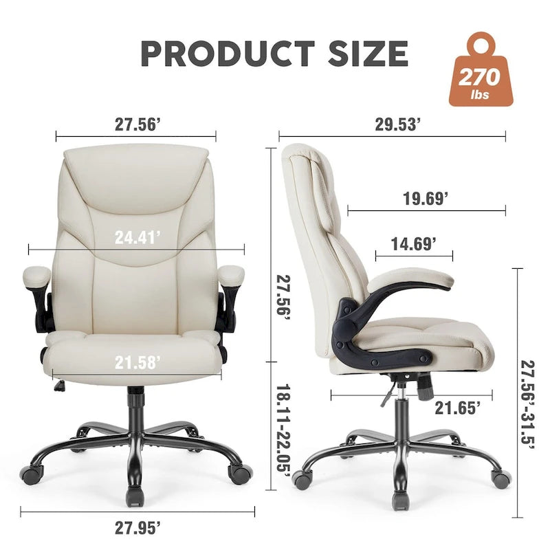 High-Back Bonded Leather Office Chair with Flip-Up Armrests – Adjustable Height 18.11–21.87 in