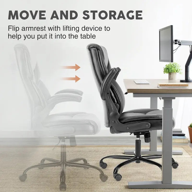 High-Back Bonded Leather Office Chair with Flip-Up Armrests – Adjustable Height 18.11–21.87 in
