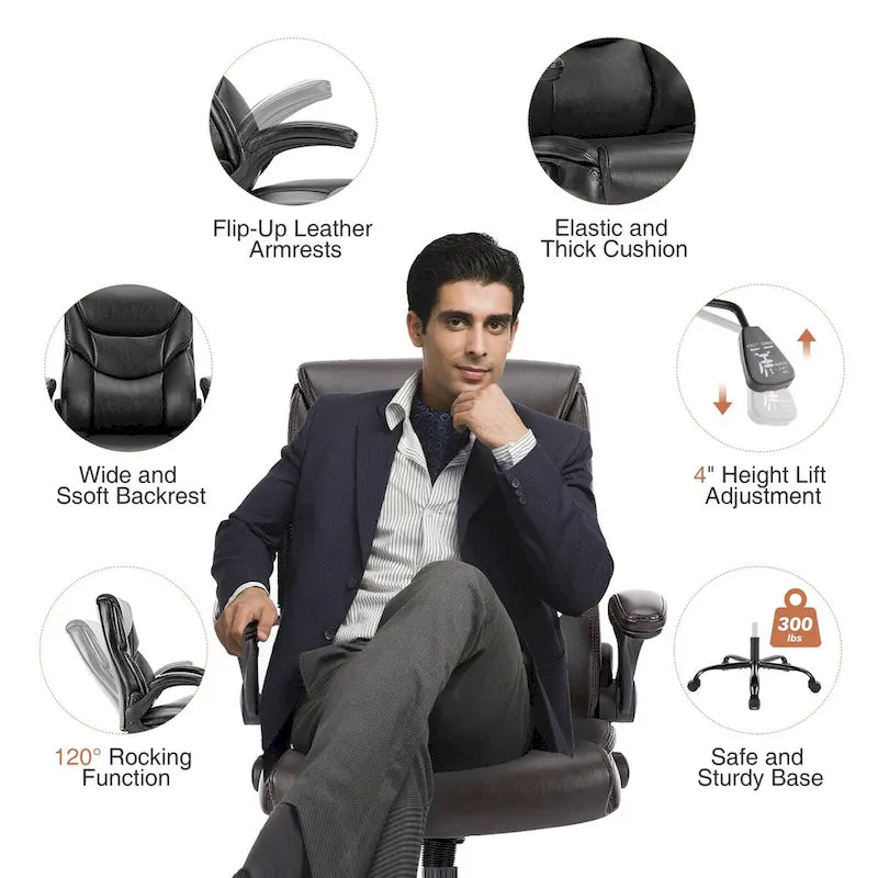 High-Back Bonded Leather Office Chair with Flip-Up Armrests – Adjustable Height 18.11–21.87 in