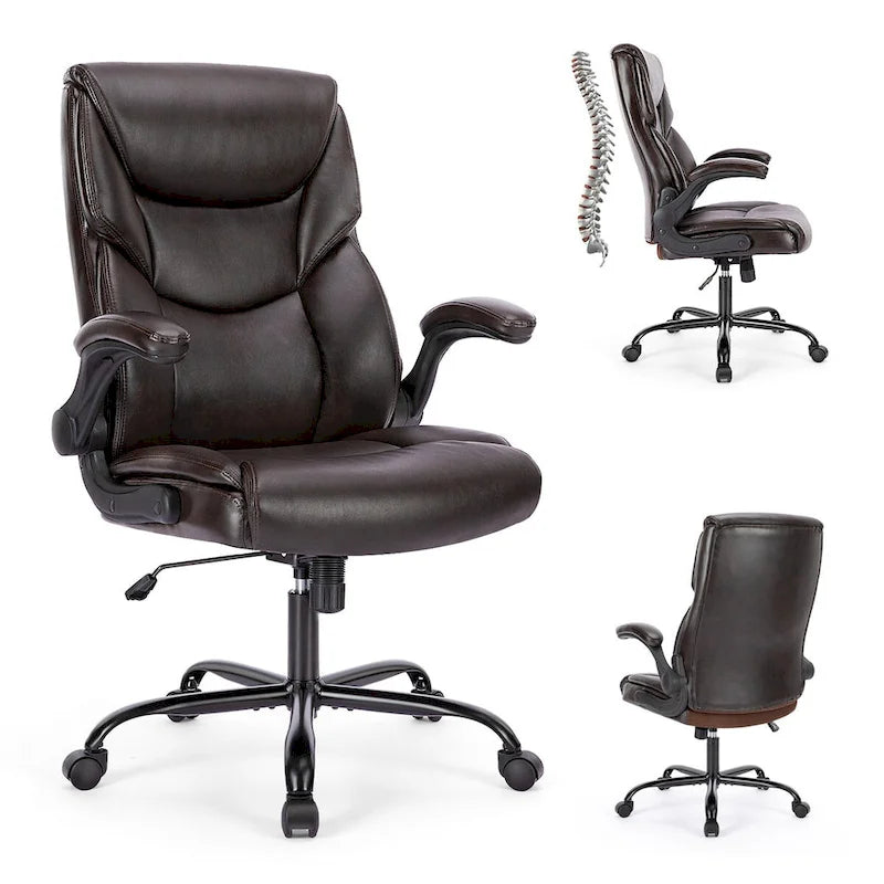 High-Back Bonded Leather Office Chair with Flip-Up Armrests – Adjustable Height 18.11–21.87 in