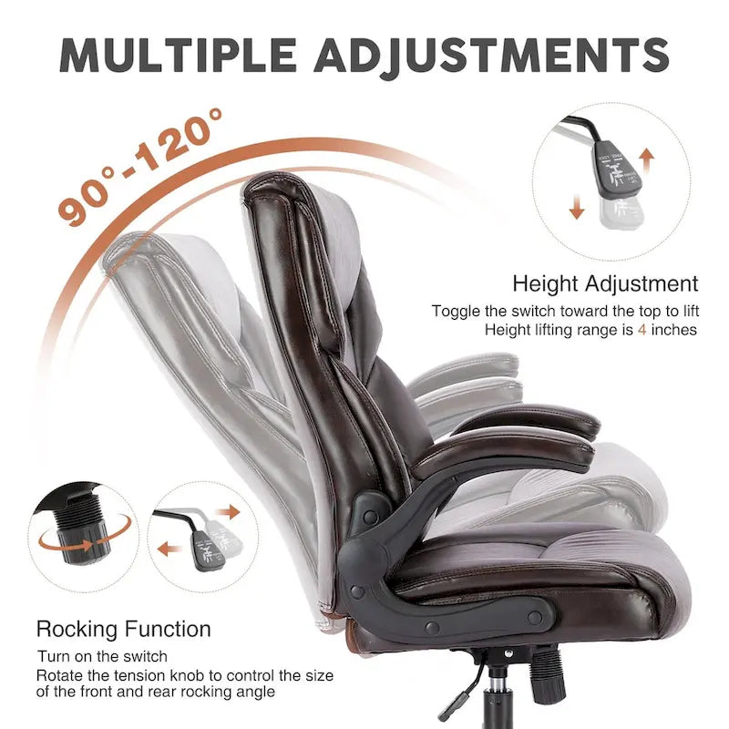 High-Back Bonded Leather Office Chair with Flip-Up Armrests – Adjustable Height 18.11–21.87 in