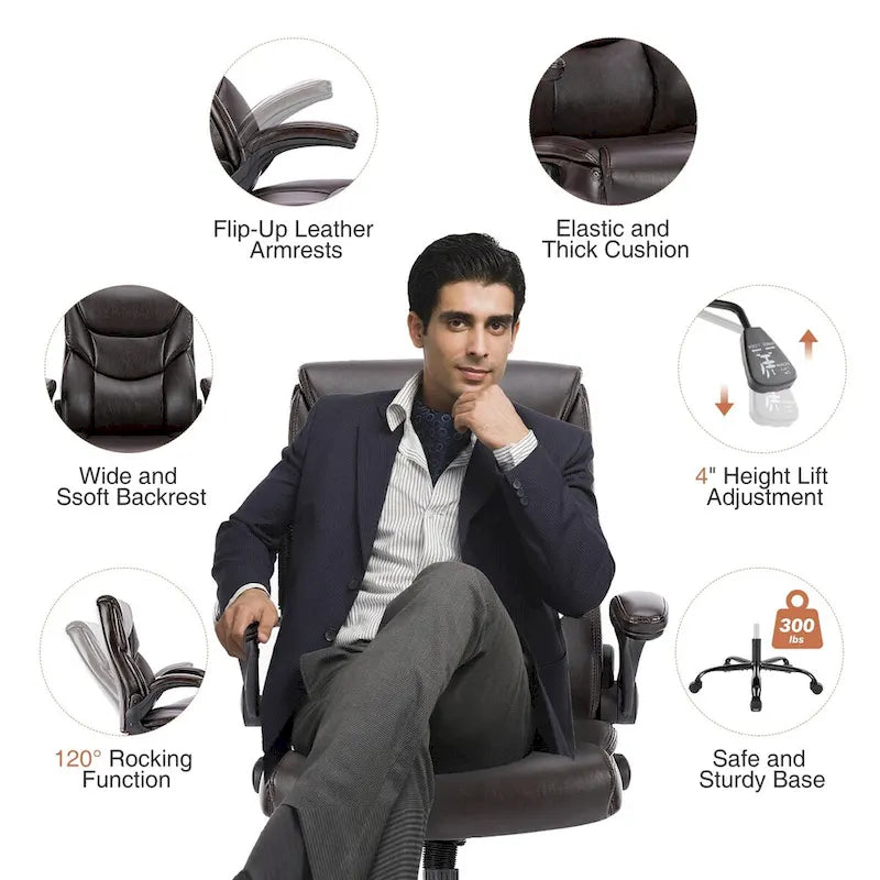 High-Back Bonded Leather Office Chair with Flip-Up Armrests – Adjustable Height 18.11–21.87 in