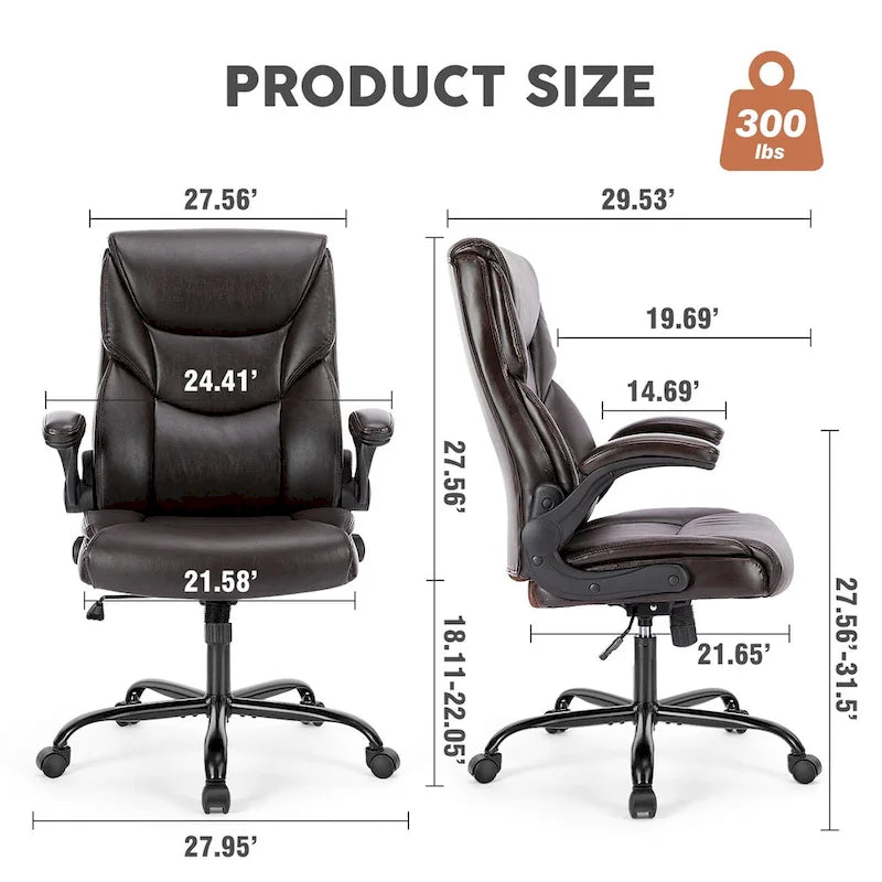High-Back Bonded Leather Office Chair with Flip-Up Armrests – Adjustable Height 18.11–21.87 in