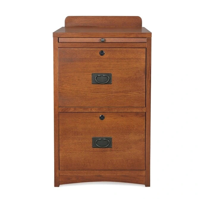 Mission Oak 2-Drawer File Cabinet with Writing Tray and Lock