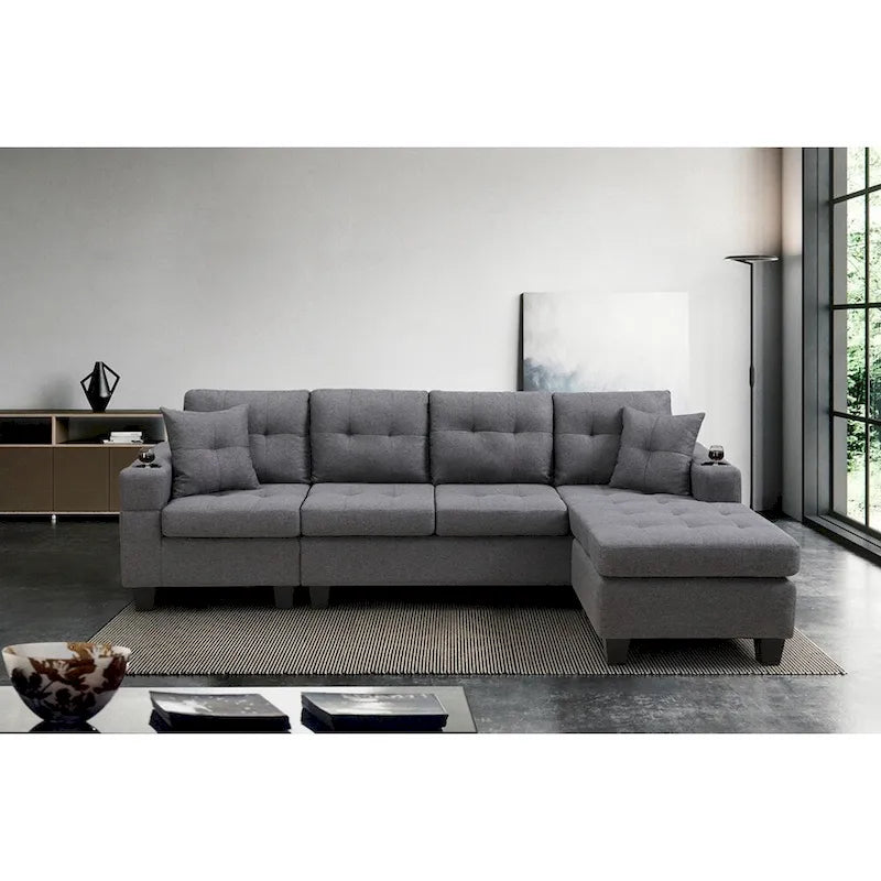 L-Shape Sectional Sofa with Chaise Lounge, Storage, and Cup Holder