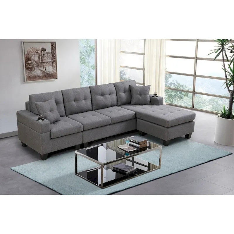 L-Shape Sectional Sofa with Chaise Lounge, Storage, and Cup Holder