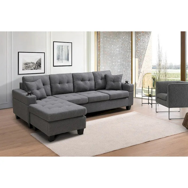 L-Shape Sectional Sofa with Chaise Lounge, Storage, and Cup Holder