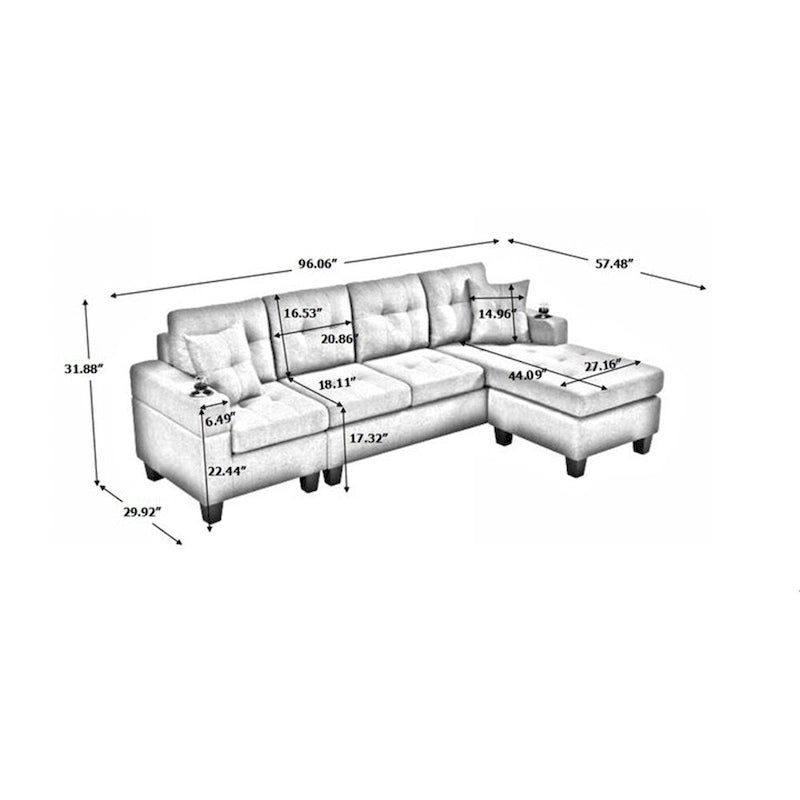 L-Shape Sectional Sofa with Chaise Lounge, Storage, and Cup Holder
