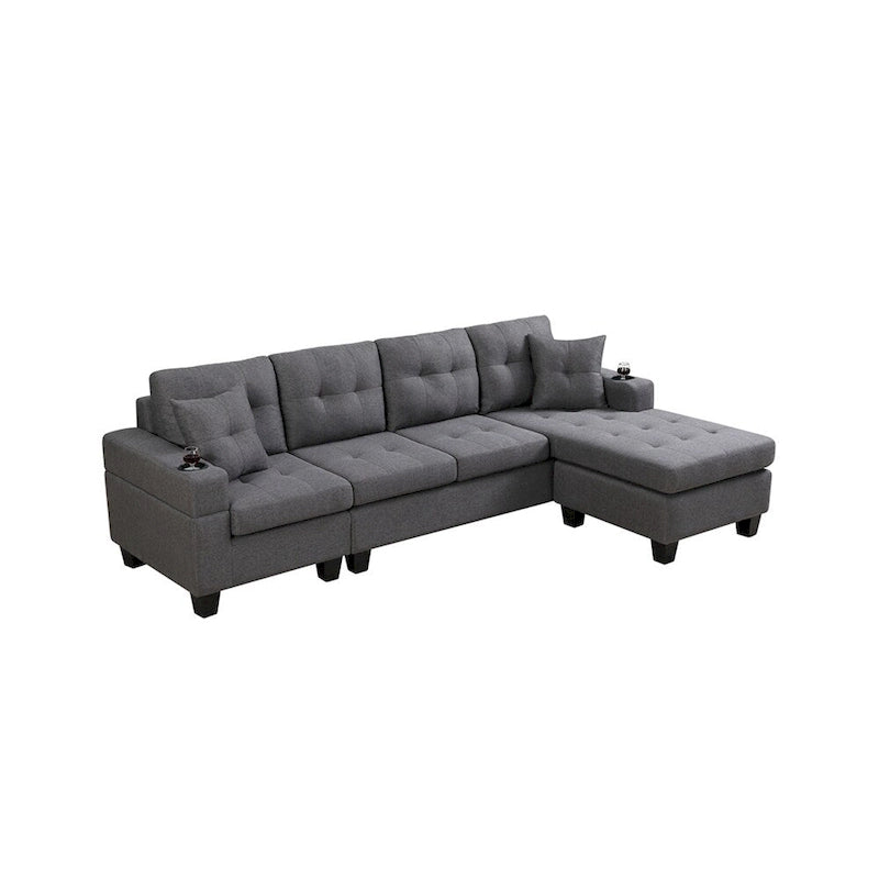 L-Shape Sectional Sofa with Chaise Lounge, Storage, and Cup Holder