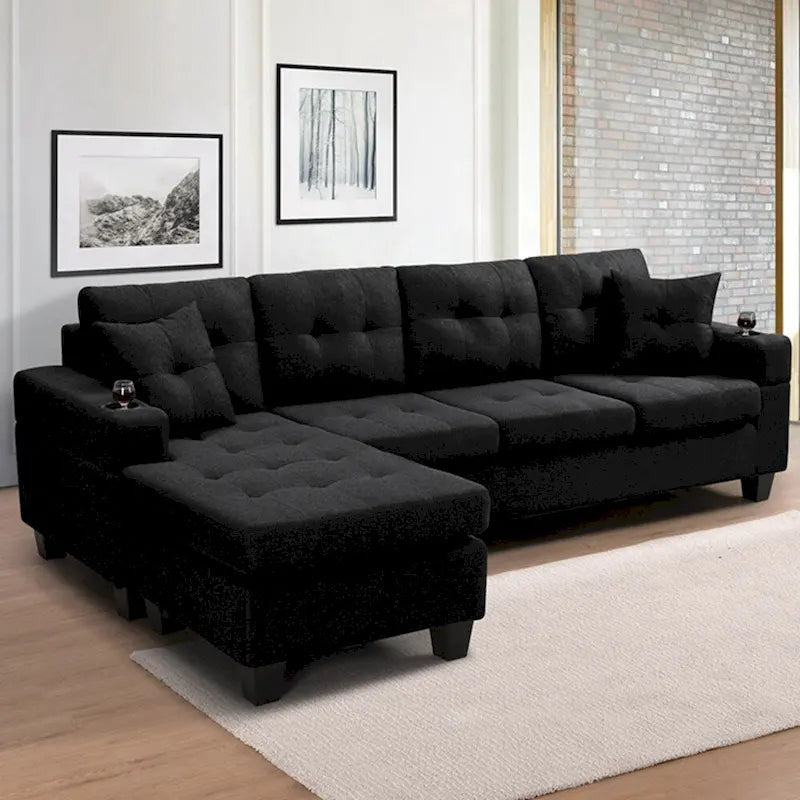 L-Shape Sectional Sofa with Chaise Lounge, Storage, and Cup Holder