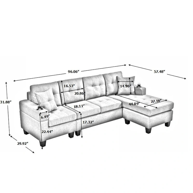 L-Shape Sectional Sofa with Chaise Lounge, Storage, and Cup Holder