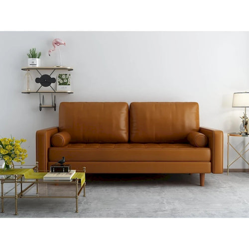 70-inch Tufted Faux Leather Sofa with Wood Legs – 2 Toss Pillows Included