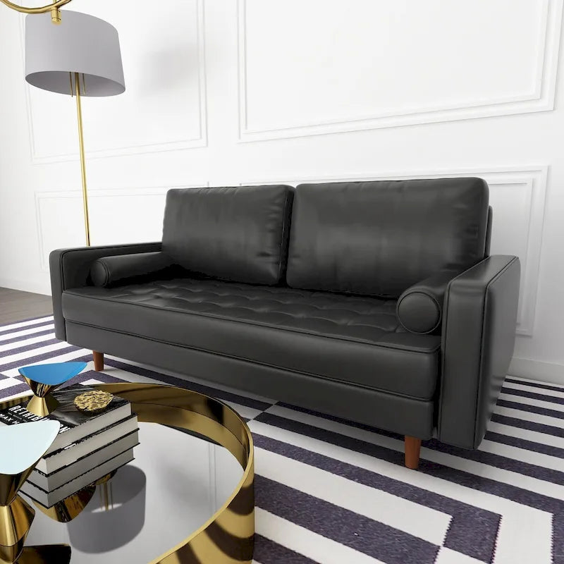 70-inch Tufted Faux Leather Sofa with Wood Legs – 2 Toss Pillows Included