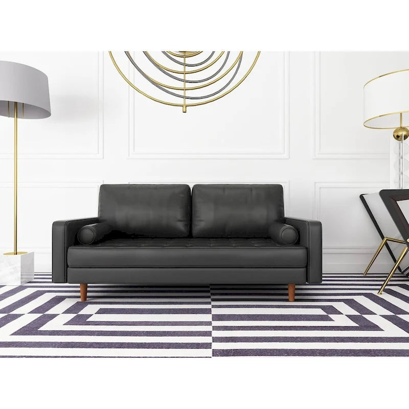 70-inch Tufted Faux Leather Sofa with Wood Legs – 2 Toss Pillows Included