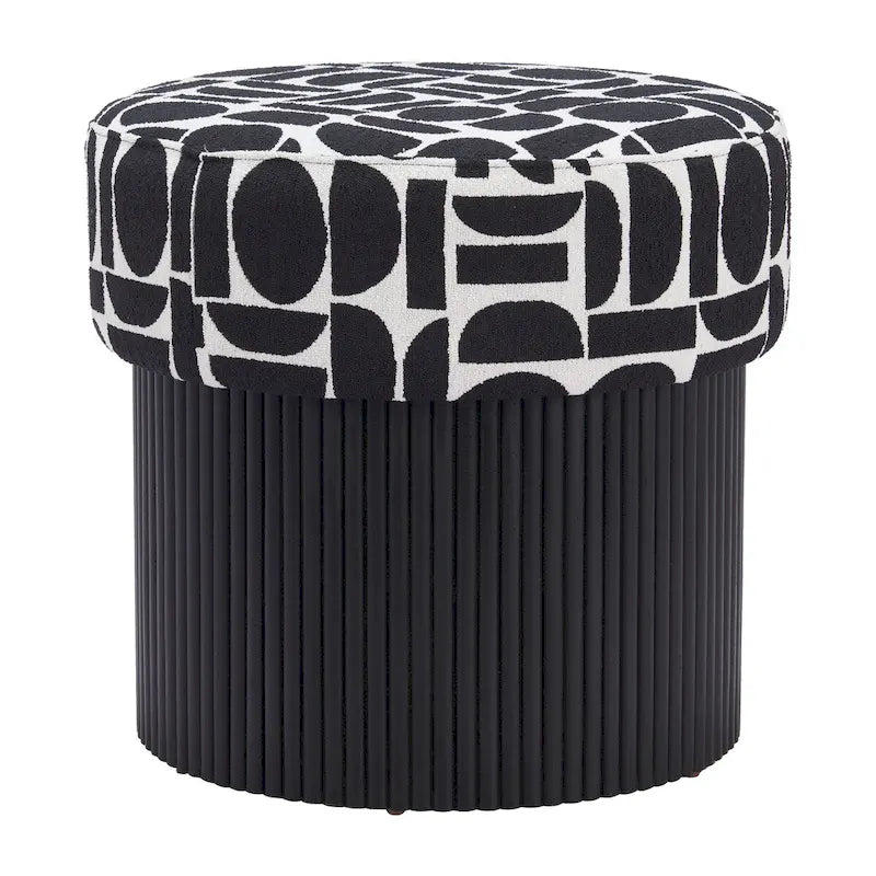 Storage Ottoman with Plush Fabric Top and Wood Body – Black & White
