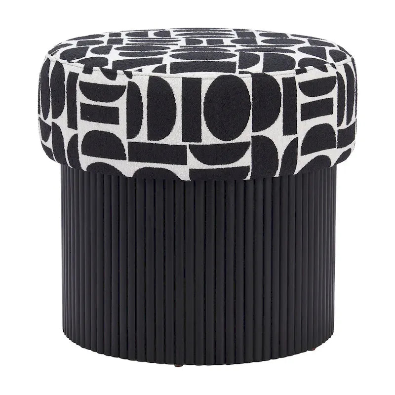 Storage Ottoman with Plush Fabric Top and Wood Body – Black & White