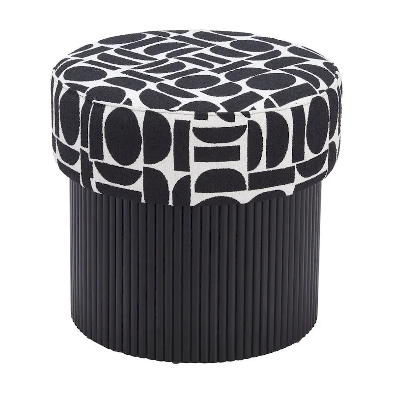 Storage Ottoman with Plush Fabric Top and Wood Body – Black & White