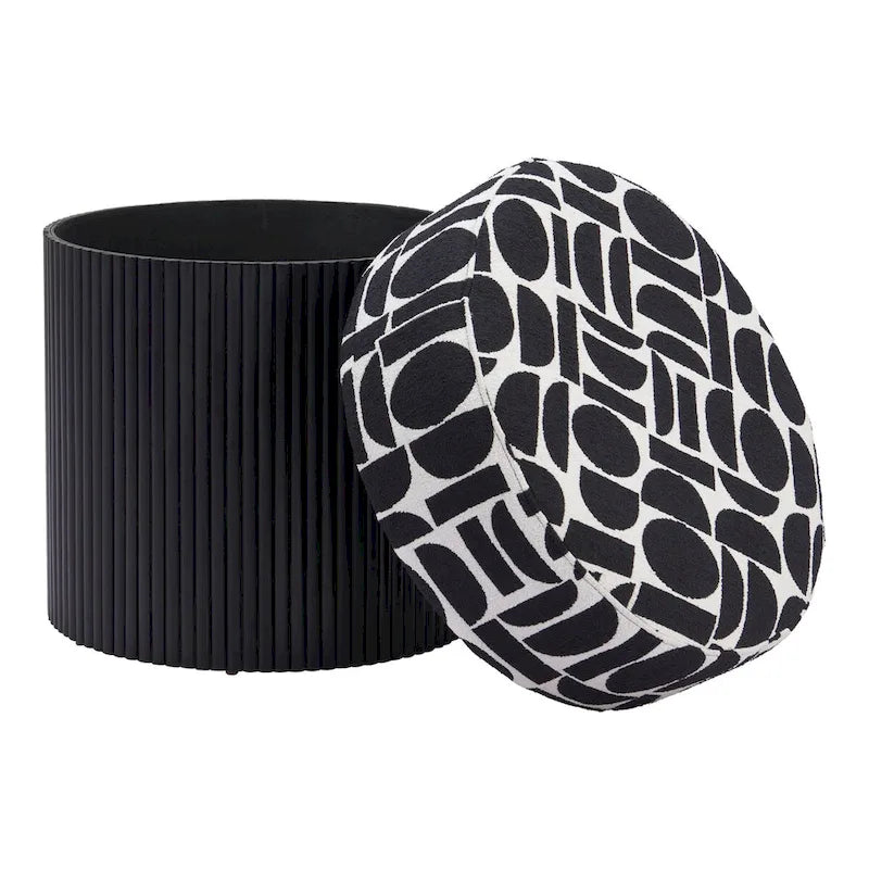 Storage Ottoman with Plush Fabric Top and Wood Body – Black & White