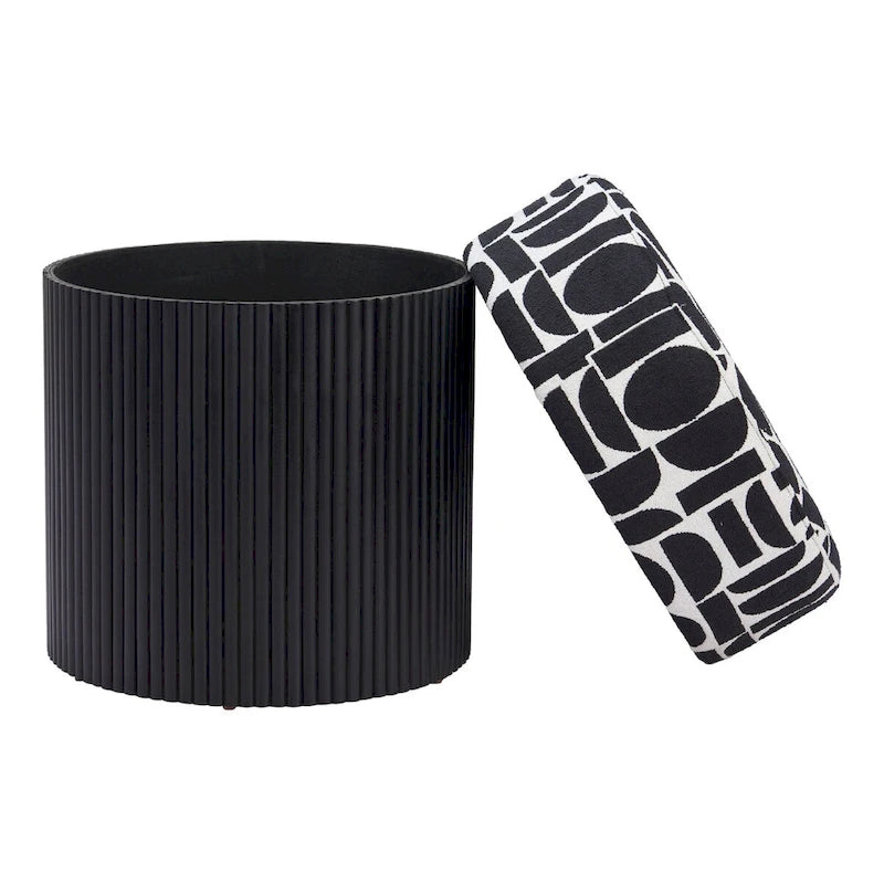 Storage Ottoman with Plush Fabric Top and Wood Body – Black & White