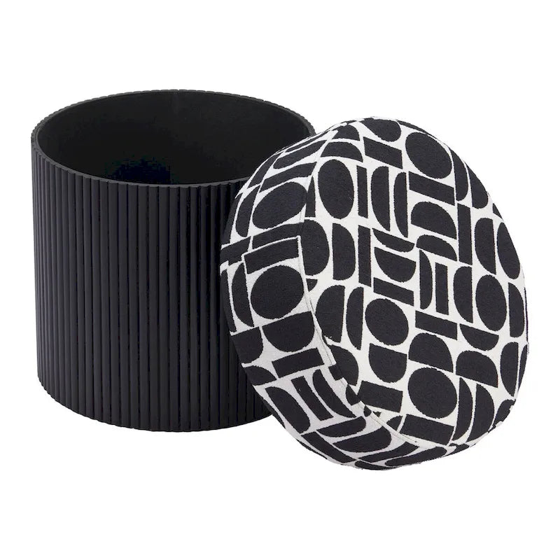 Storage Ottoman with Plush Fabric Top and Wood Body – Black & White