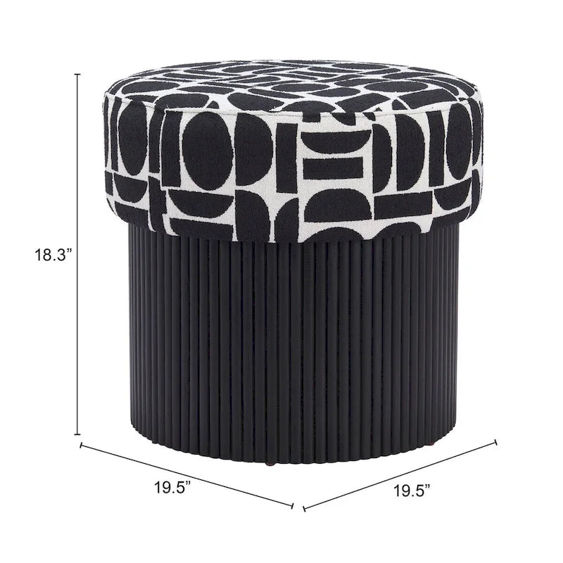 Storage Ottoman with Plush Fabric Top and Wood Body – Black & White