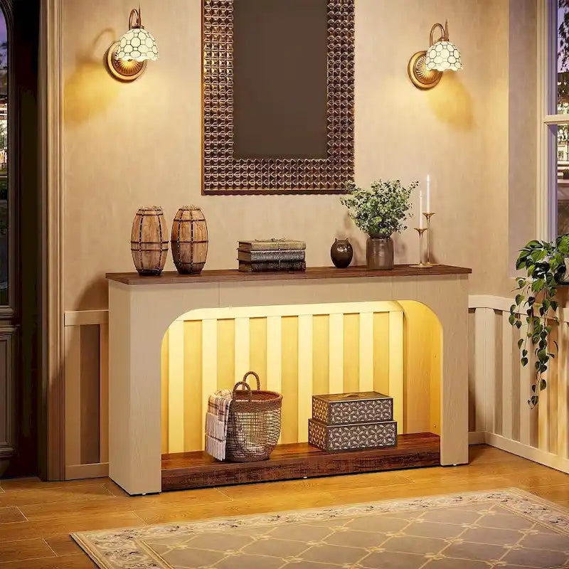 55-inch MDF Console Table with LED Lighting and Open Shelf – 55.12L x 11.81D x 33.46H in