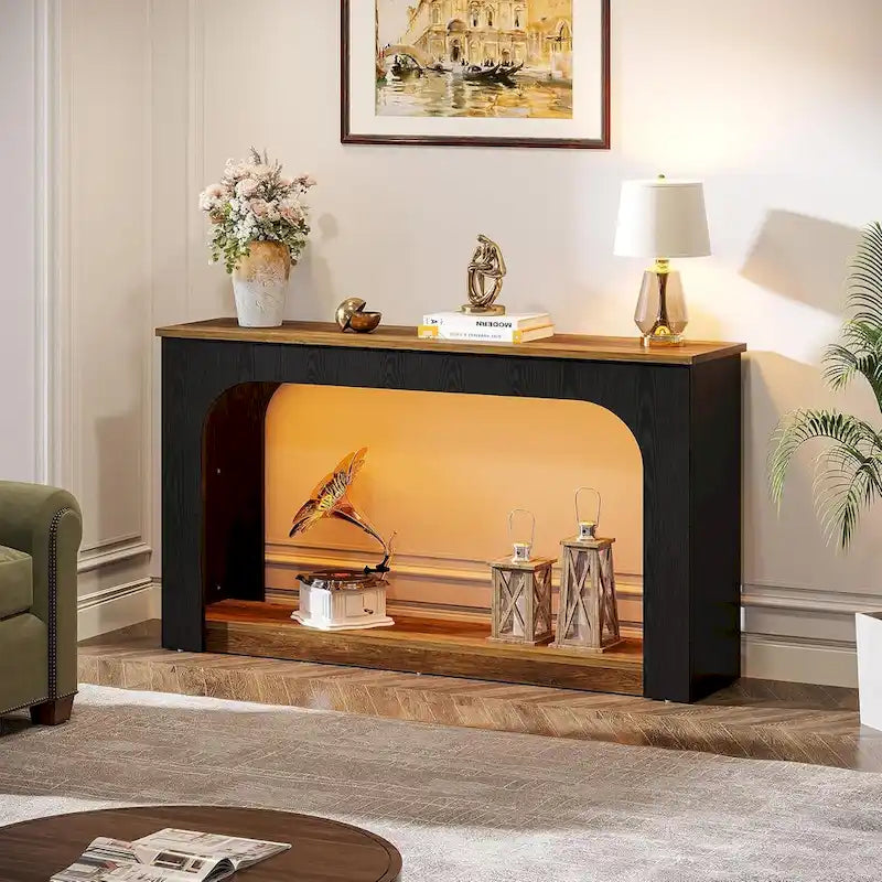 55-inch MDF Console Table with LED Lighting and Open Shelf – 55.12L x 11.81D x 33.46H in