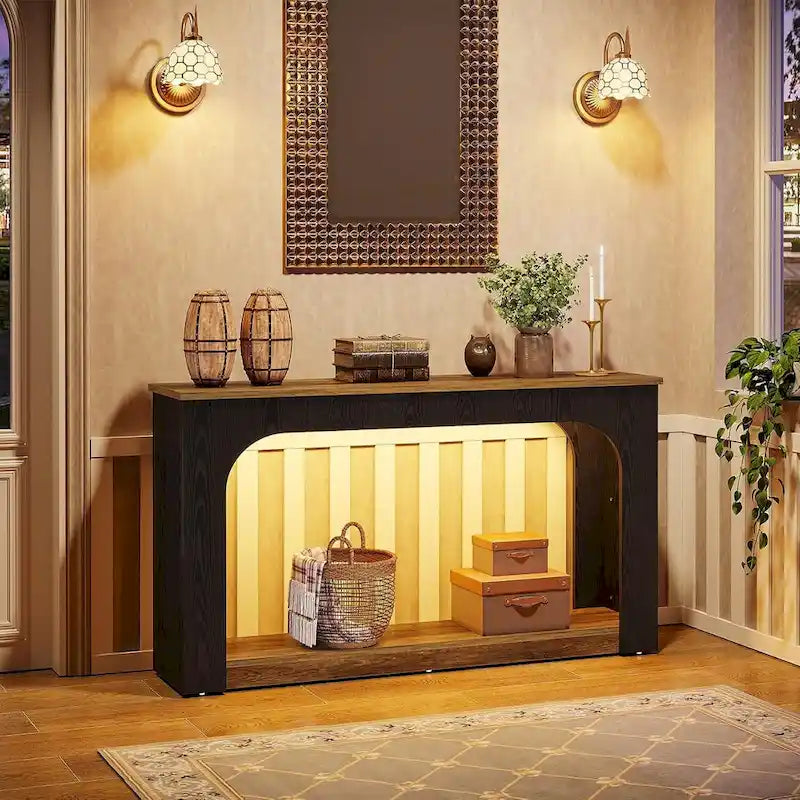 55-inch MDF Console Table with LED Lighting and Open Shelf – 55.12L x 11.81D x 33.46H in