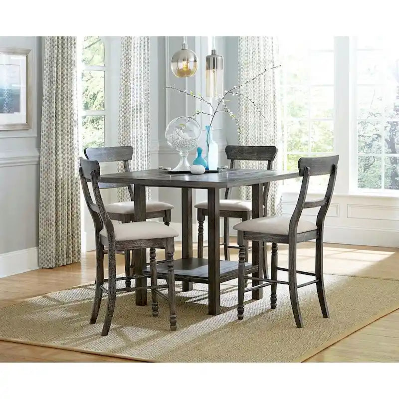 Square Counter-Height Table with Double Pedestal Base – 45W x 45D x 36H in, Distressed Grey