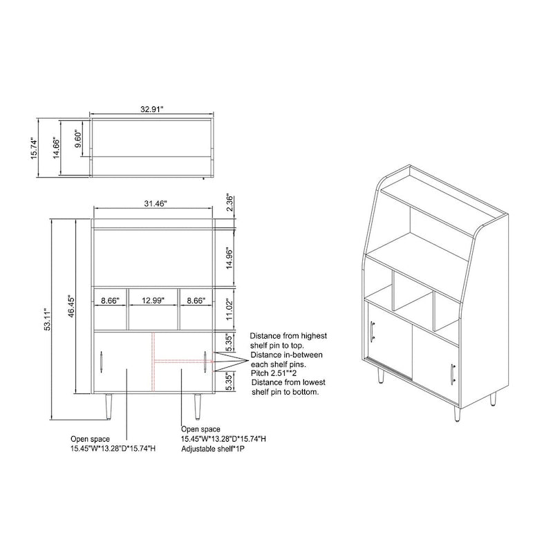 MDF Buffet Cabinet with Sliding Doors and Open Shelves – Wenge Finish, 32.91W x 15.74D x 53.11H in