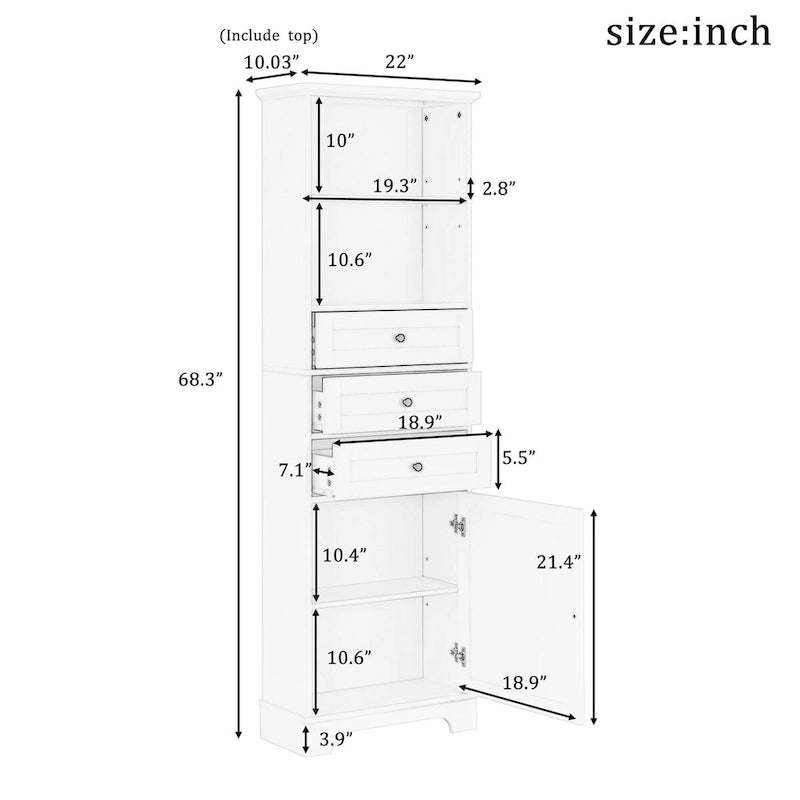 68-inch Freestanding Bathroom Cabinet with 3 Drawers and Adjustable Shelves – MDF