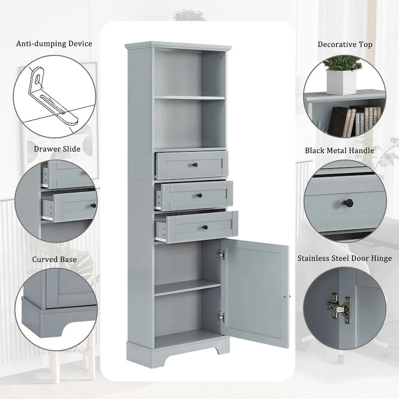 68-inch Freestanding Bathroom Cabinet with 3 Drawers and Adjustable Shelves – MDF