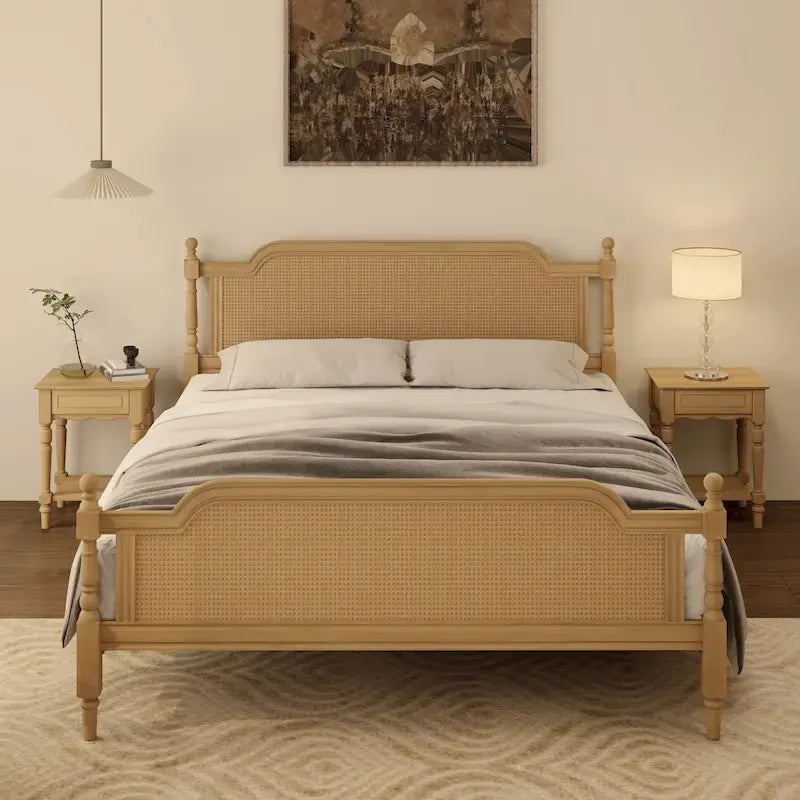 Rattan Platform Bed Frame with Headboard & Footboard – No Box Spring Needed, Queen or King