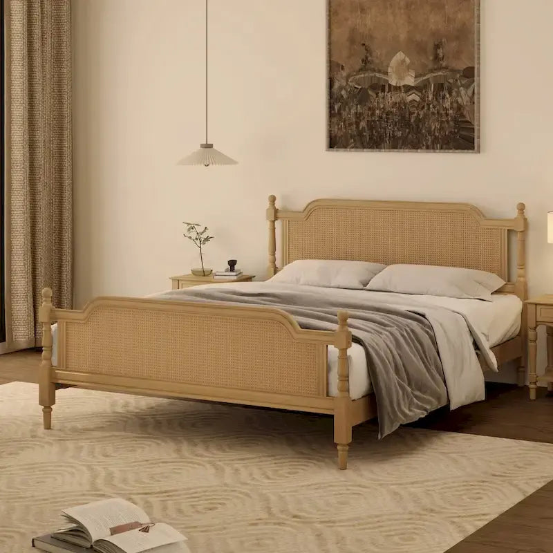 Rattan Platform Bed Frame with Headboard & Footboard – No Box Spring Needed, Queen or King
