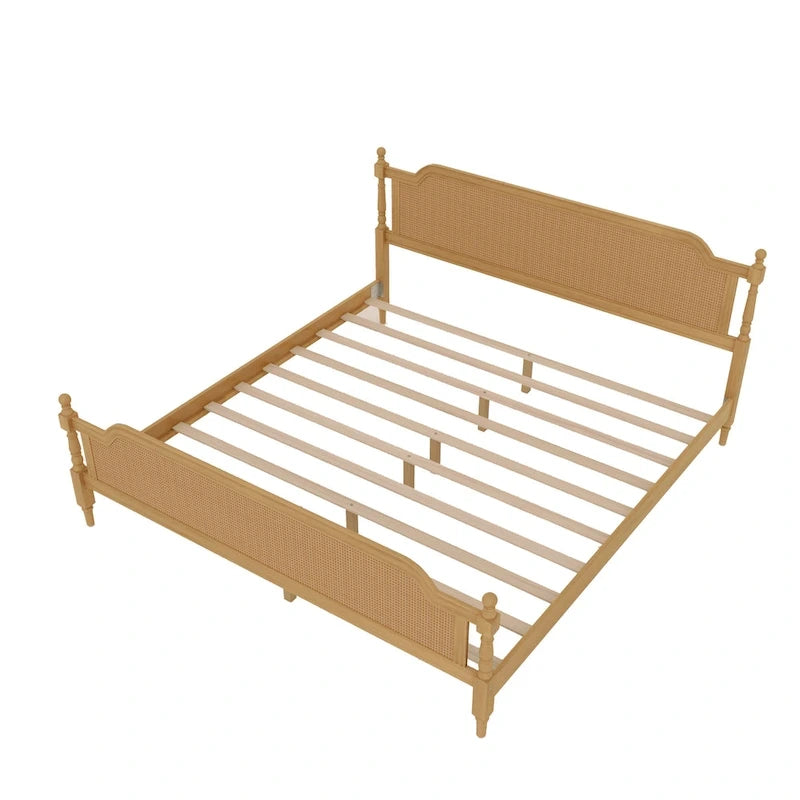 Rattan Platform Bed Frame with Headboard & Footboard – No Box Spring Needed, Queen or King