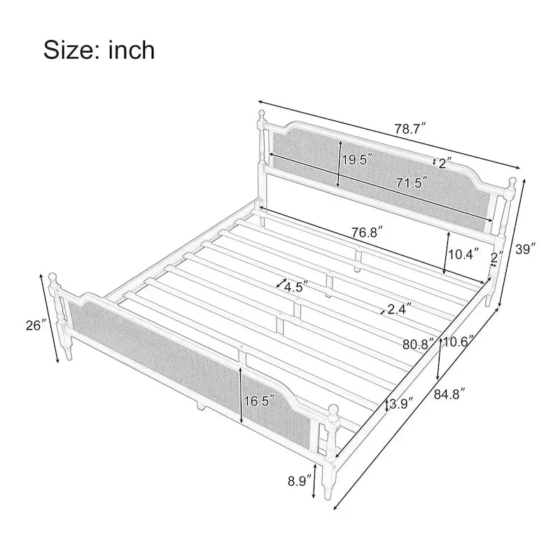 Rattan Platform Bed Frame with Headboard & Footboard – No Box Spring Needed, Queen or King