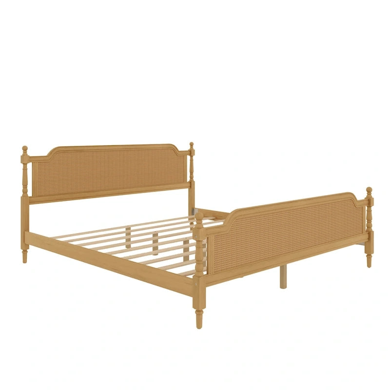 Rattan Platform Bed Frame with Headboard & Footboard – No Box Spring Needed, Queen or King