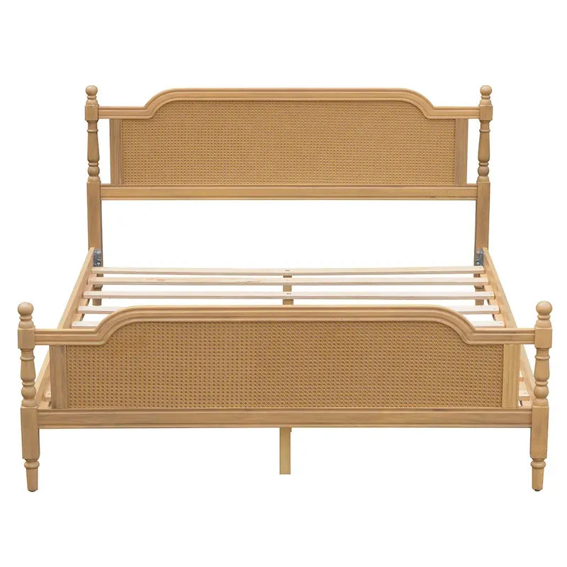 Rattan Platform Bed Frame with Headboard & Footboard – No Box Spring Needed, Queen or King
