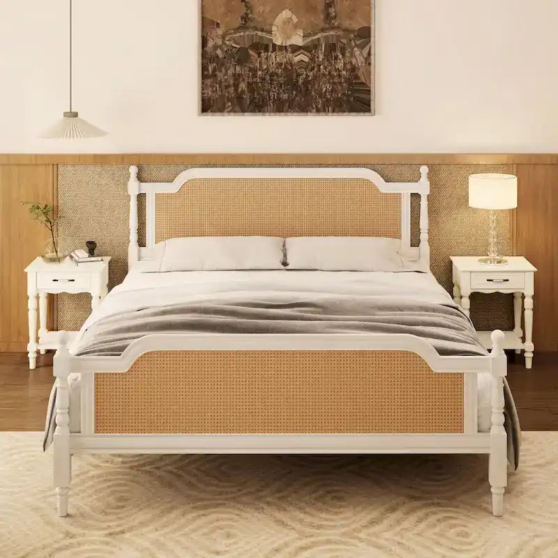 Rattan Platform Bed Frame with Headboard & Footboard – No Box Spring Needed, Queen or King
