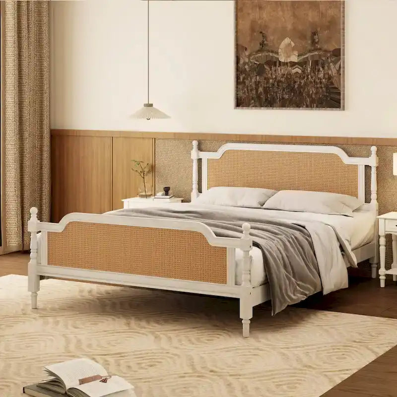 Rattan Platform Bed Frame with Headboard & Footboard – No Box Spring Needed, Queen or King