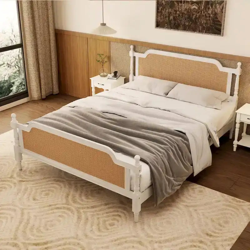 Rattan Platform Bed Frame with Headboard & Footboard – No Box Spring Needed, Queen or King