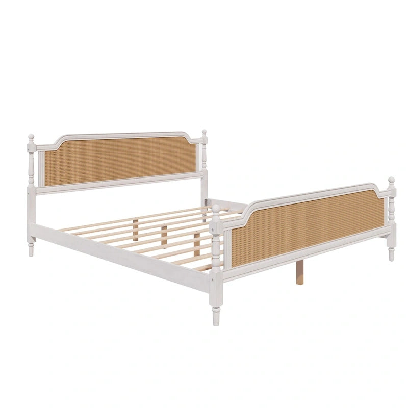 Rattan Platform Bed Frame with Headboard & Footboard – No Box Spring Needed, Queen or King