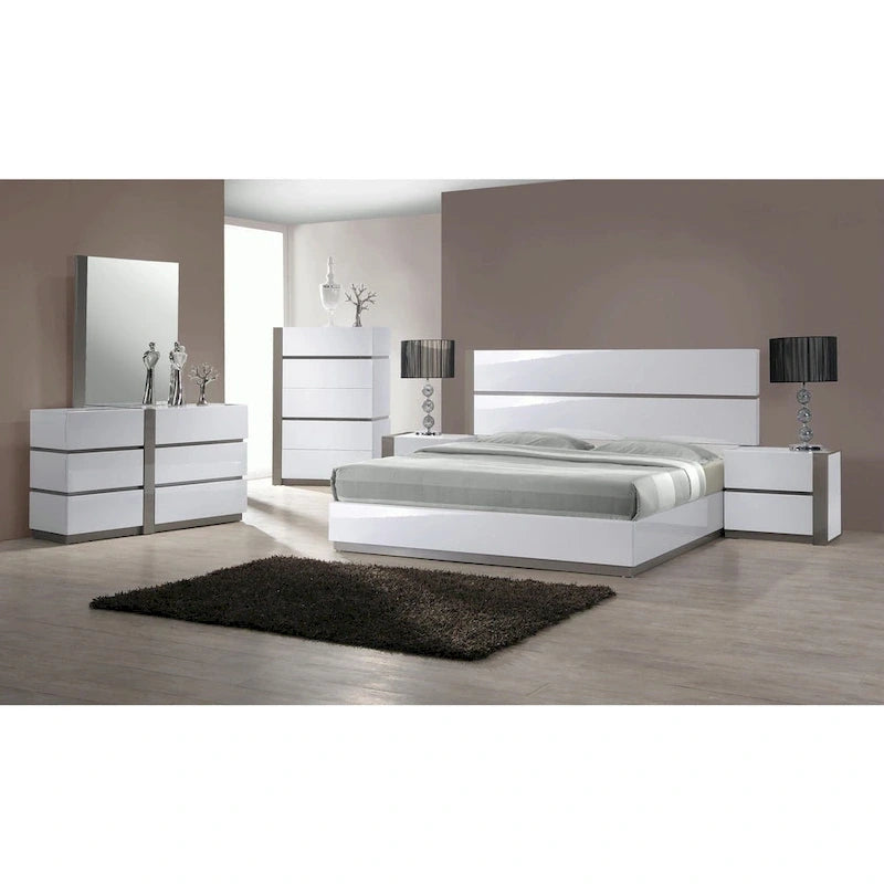 High Gloss Two-Tone White & Grey Platform Bed Frame – Queen or King, MDF & Plywood